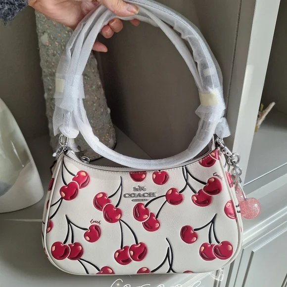 Coach Teri Shoulder Bag In Signature Canvas With Cherry Print Pink Cherry Charm - Picture 1 of 15